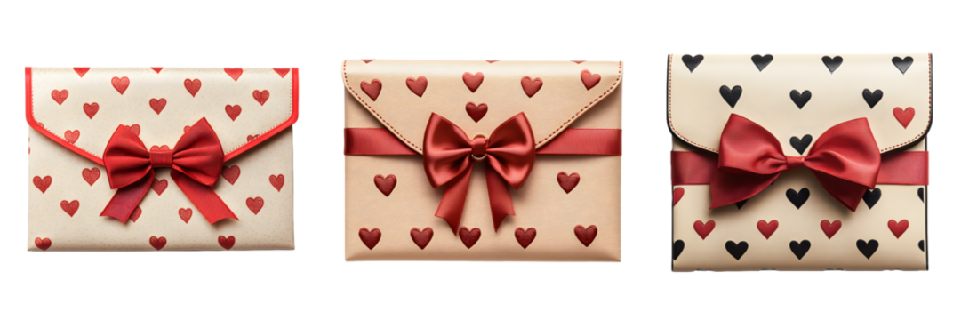Heart-themed gift envelope with decorative red bows and patterns isolated on a white background, png