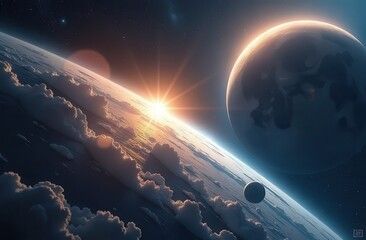 A stunning space scene featuring a sunlit Earth with detailed textures and numerous celestial...