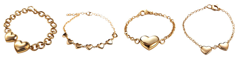 Obraz premium Collection of gold heart-shaped charm bracelets in various designs isolated on a white background, png