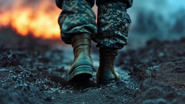 Soldier walking on rugged terrain with fires burning in the background during a military exercise