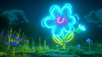 A radiant neon flower glowing in the dark illuminates a mystical garden with vibrant, dreamlike energy, surrounded by soft purple and blue hues in a calm, enchanting night scene. AI generated.