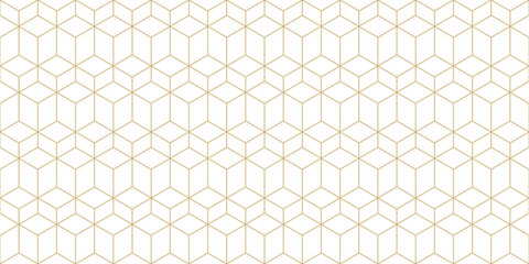 Subtle vector golden seamless pattern with hexagonal lattice, 3d cube linear grid. Simple gold and white geometric texture with thin lines. Abstract minimalist background. Luxury repeating geo design