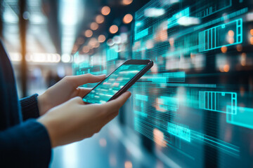 Hands using smartphone with futuristic interface