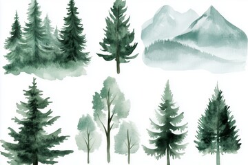 Obraz premium A set of watercolor forest clip art, featuring various trees and mountains in green tones against white backgrounds.