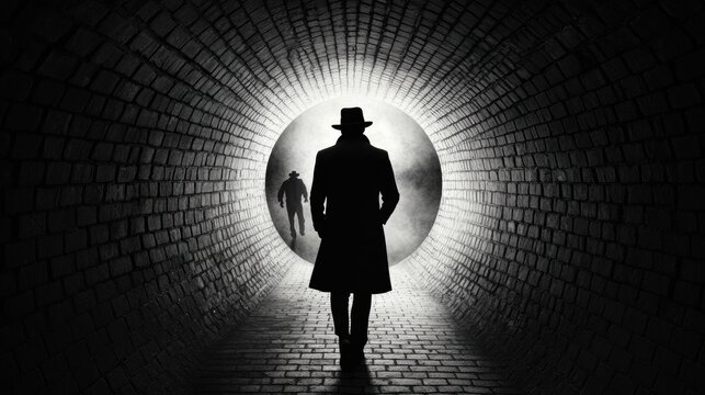 Mysterious figures in a dimly lit tunnel create an atmosphere of suspense and intrigue, AI