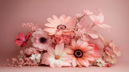 Delicate pink flower arrangement showcasing various blooms against a soft pastel background