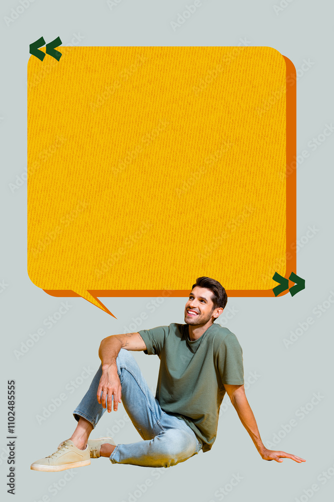 Poster vertical photo collage of happy man sit bubble talk communication speech chatterbox conversation clo