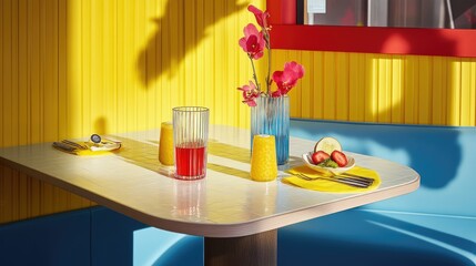 Sunny diner booth with drinks, fruit, and flowers.
