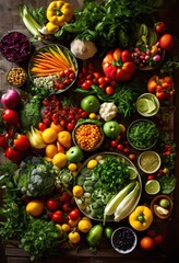 Naklejka premium vibrant display fresh ingredients presenting creative patterns showcase rich colors textures, arrangement, edible, aesthetics, design, plates, visuals