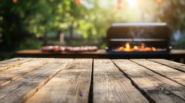 Wooden Table with Blurred BBQ Background: A Perfect Setting for Outdoor Dining

