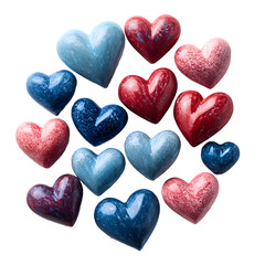 Fototapeta premium Collection of glossy blue and red heart-shaped ornaments with textured details isolated on a white background png