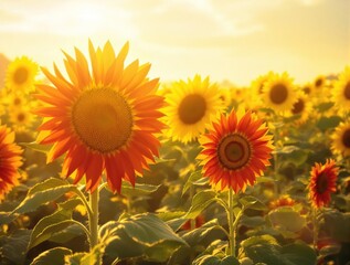 Fototapeta premium Red and yellow sunflowers in a field with grain effect, sunflower field, earthy tones, agricultural land, rolling hills