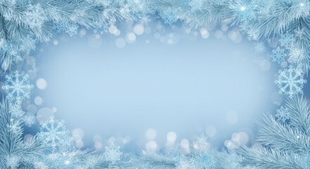 A delicate rectangular frame adorned with intricate blue snowflakes and pine branches, set against a transparent background.