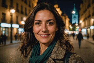 Close portrait of a smiling 40s Spanish woman looking at the camera, Spanish city outdoors at night blurred background