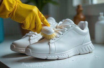 Cleaning.Hands of a person in yellow gloves cleaning white sneakers with a yellow brush in a bright room against the background of a cleaning agent