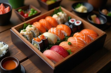 A beautifully presented sushi platter displays an assortment of vibrant nigiri and rolls filled with fresh fish such as salmon, tuna and shrimp, garnished with wasabi and pickled ginger for a sophisti