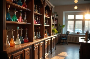 The room has a wooden shelf filled with colorful sunlit hookahs.