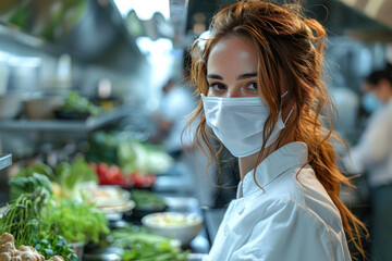 young female chef in a professional kitchen. She is wearing a white chef's uniform and a medical mask, emphasizing safety precautions and hygiene in the workplace. 