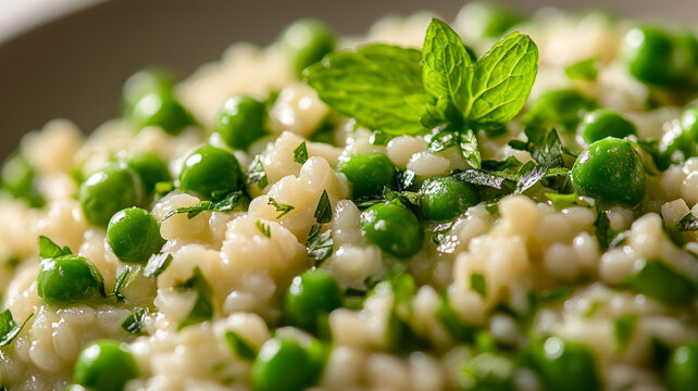 Creamy risotto with peas and mint garnishment.