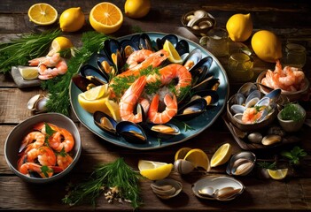 vibrant colorful seafood ingredients arranged dynamic composition highlighting fresh catches culinary delights, display, shrimp, shellfish, tuna, salmon