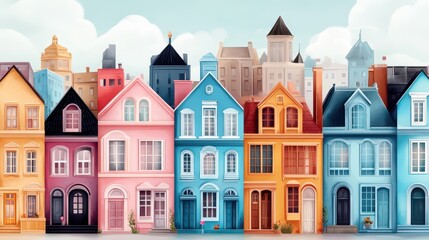Fototapeta premium Vibrant watercolor painting of colorful houses with numerous windows in a lively urban setting