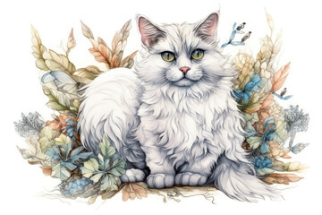 white fluffy cat sitting among graceful flowers and plants. Butterflies and dragonflies fly around the cat, creating an atmosphere of fairy tales and tenderness.  