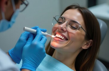 Treatment, teeth whitening for an  girl in a medical chair in glasses with a medical device