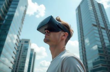 Fototapeta premium Man wearing a VR headset stands against a backdrop of modern skyscrapers. The scene conveys innovation and technology. Ideal for themes of virtual reality and urban lifestyle.