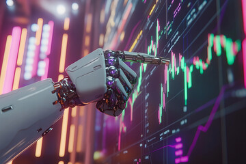 Futuristic robotic hand interacting with a digital interface showcasing artificial intelligence, data analytics, and technology innovation in a modern urban environment