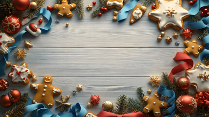 Beautiful Festive Christmas Background Featuring White Wood Texture with Ribbons and Gingerbread Cookies in Flat Lay Style