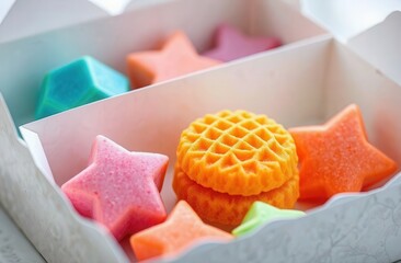 The box contains colorful star and ball-shaped lollipops. The orange ball with a ribbed texture is surrounded by bright blue, pink and orange sweets, creating a fun, festive atmosphere.
