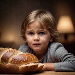 Naklejka premium A young child shows disappointment while looking at a freshly baked loaf of bread in a softly lit room. The atmosphere is warm yet contrasts with the child's unhappy expression. Generative AI
