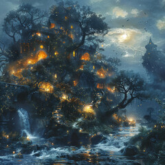Obraz premium fantastic night landscape with a magical forest house illuminated by many warm lights. 