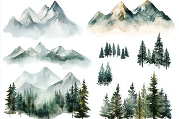 Fototapeta premium Mountains and forest set, landscape design watercolor hand painting. Isolated on white background. 