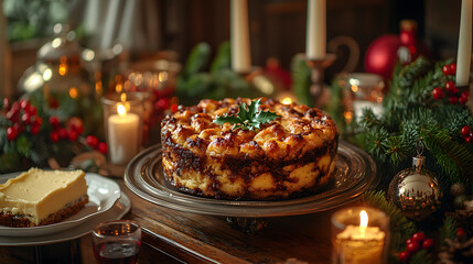 A Festive Christmas Pudding with Brandy Butter Amidst Cheerful Holiday Decorations and Candlelight Ambiance