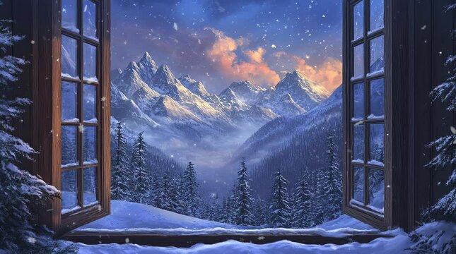Rustic wooden window with a view of a snowy pine forest in winter  
Seamless looping 4k time-lapse virtual video animation Generated AI