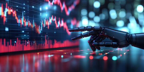 Futuristic robotic hand interacting with a digital interface showcasing artificial intelligence, data analytics, and technology innovation in a modern urban environment