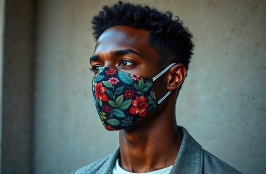 dark-skinned African American man in a designer protective white mask with a pattern in the form of a prince - Powered by Adobe