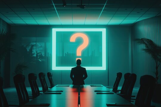 Corporate Decision-Making: Businessman with Digital Question Mark in Dimly Lit Boardroom