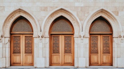Three ornate wooden doors in pointed arches set within a light stone wall.