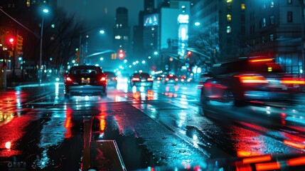 Obraz premium Nighttime City Intersection with Car Running Red Light in Dramatic Scene for Urban Safety Awareness