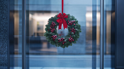 Christmas wreath made of fir tree branches hanging on the front door of a corporate office building