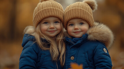 Two girls smile together while wearing warm winter coats and knitted hats during a beautiful autumn day filled with falling leaves