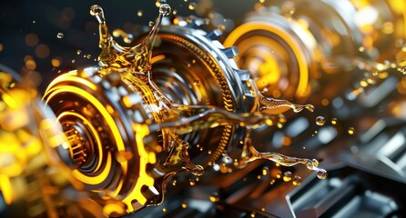 Fototapeta premium Metallic gears with golden liquid splashing around, showcasing a dynamic interaction of engineering and fluidity in a modern industrial setting.