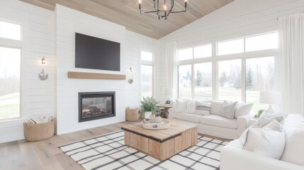 Fototapeta premium Cozy rustic farmhouse living room featuring a plaid rug and soft linen curtains with natural light streaming through large windows