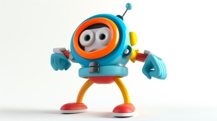 A colorful robot in blue and orange stands in a superhero pose, ready for action, with exaggerated eyes and a dynamic, energetic vibe. AI generated.