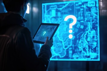 Fototapeta premium Tech Innovation Strategy: Futuristic Tablet and Digital Map for Creative Problem Solving