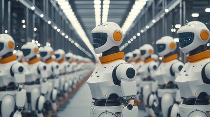 Obraz premium A futuristic assembly line filled with humanoid robots, showcasing advanced technology and automation in a modern industrial setting.