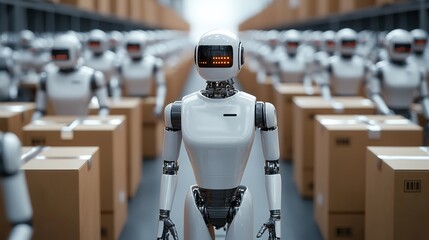 A futuristic warehouse filled with robots, each standing among boxes, showcasing advanced automation and technology.