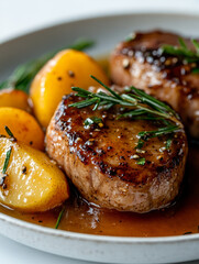 Juicy steak with potatoes and rosemary garnish